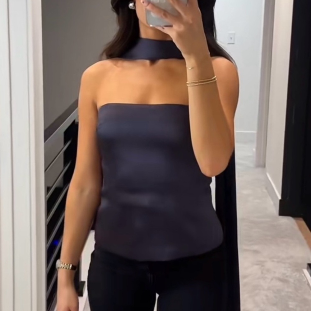 Zara Navy Strapless Blouse with Scarf Detail
